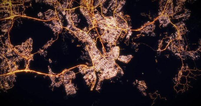 Aerial night view of city of Helsinki. Traffic and street light glowing. Camera flying high above, moving higher away and rotating from space filming cinematic straight down. 3d animation rendering.