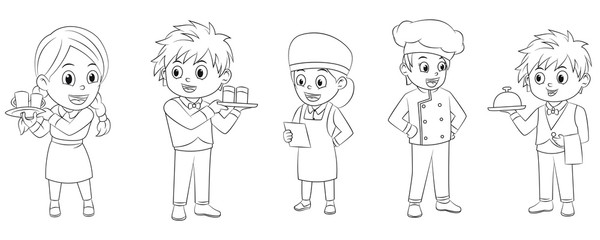 Cartoon collection of boy and girls working in restaurant for coloring books