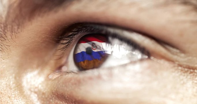 Man with brown eyes in close up, the flag of paraguay in iris,  with wind motion. video concept