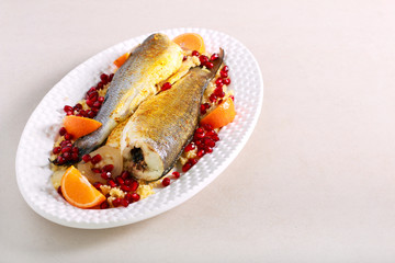 Baked sea bass fish
