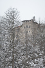Fototapeta na wymiar Schneelandschaft mit Burg im Hintergrund und See und Wald im Vordergrund am Fernsteinsee in Österreich Tirol 