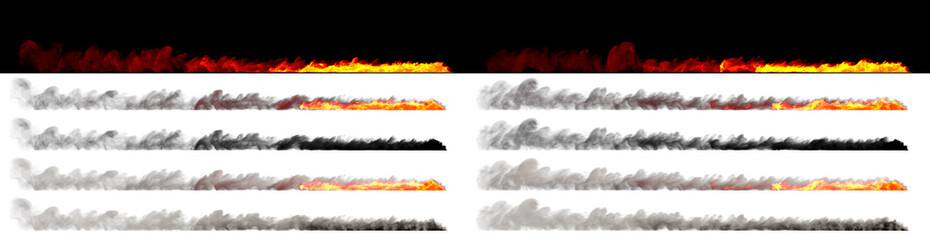 Isolated fires on trace of fast moving car wheel rendered with white and black smoke on various backgrounds - speed concept, 3D illustration of objects © Dancing Man
