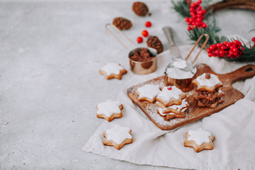 Christmas gingerbread homemade cookies on  tabletop.