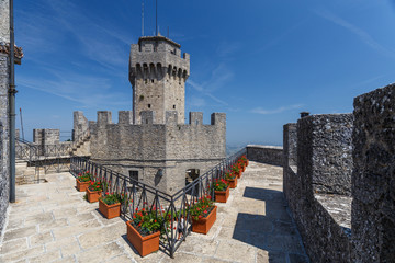 SAN MARINO / SAN MARINO - JULY 2015: View point on Inner walls of one of San Marino castles, good...