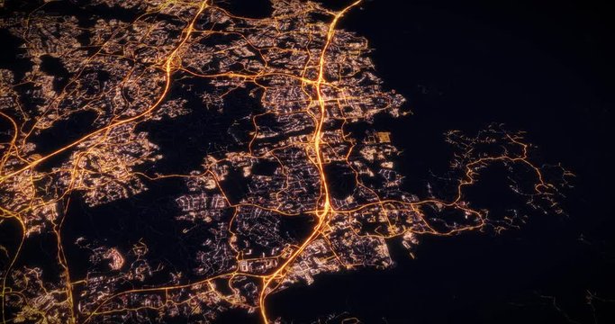 Aerial night view of city of Helsinki, Finland, Traffic and street light glowing. Camera flying above space filming cinematic straight and tilting down. 3d animation rendering.
