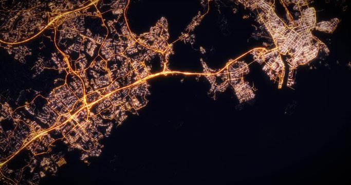 Aerial night view of city of Helsinki, Finland. Traffic and street light glowing. Camera flying high above, moving around city from space filming cinematic straight down. 3d animation rendering.