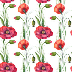 Watercolor seamless pattern with wild red poppies on white background. Surface design for interior decoration, textile printing, printed issues,