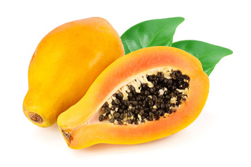 ripe cut papaya isolated on a white background - obrazy, fototapety, plakaty