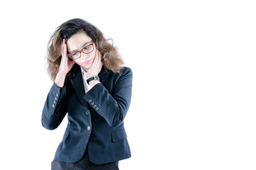 young business woman looking stressed, ashamed or upset, with a headache, covering face with hand isolated on white. Copy space