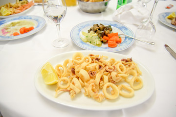 Fried Squids in the Plate at Restaurant