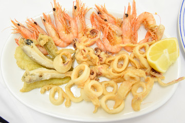 Fried Squids and Shrimps in the Plate