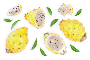 Dragon fruit, Pitaya or Pitahaya yellow with leaf isolated on white background. Top view. Flat lay