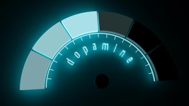 Hormone dopamine test result. The measuring device. Infographic gauge element. Flash light indicator. Neon shine scale