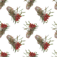 Red tropical flower with green leaves. Seamless pattern. hand drawn watercolor illustration. Print, textiles. East, tropics, exotic, rest, travel.