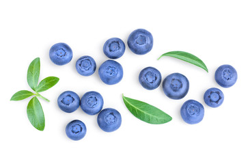 fresh ripe blueberry with leaves isolated on white background. Top view. Flat lay pattern