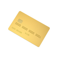 Empty Golden Credit Card Isolated on White Background. Realistic 3D Mockup Close-Up.