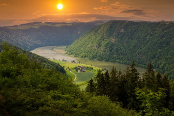 Danube river winding in the austrian plains. Beautiful sunset.