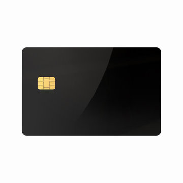 Empty Black Glossy Credit Card with EMV Chip Isolated on White Background. Realistic 3D Mockup Close-Up.