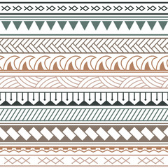 Vector ethnic boho seamless pattern in maori style. Geometric border with decorative ethnic elements. Pastel colors horizontal pattern. - obrazy, fototapety, plakaty