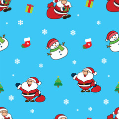 Christmas seamless pattern with Santa, Snowman, Christmas tree and Gift box.