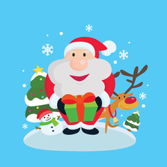 Santa Claus holding gift box with reindeer and Snowman. Santa and friends.