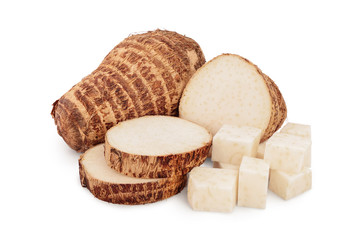 fresh taro root with slices isolated on white background