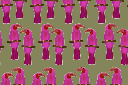 Seamless pattern with exotic feulette birds on a gray background.