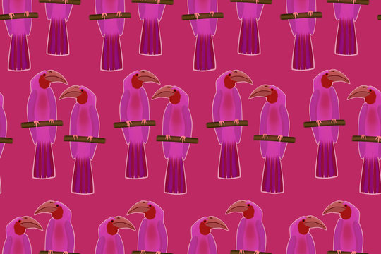 Seamless pattern with exotic feulette birds on a pink background.