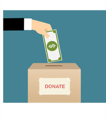 Donation concept. Hand putting coin in the donate box. Flat style