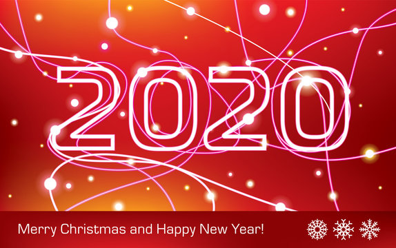 Merry Christmas and Happy New Year! 2020. Glowing neon lines on a red background, holiday card for your business project, vector design art
