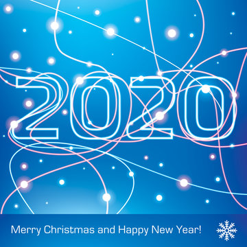 Merry Christmas and Happy New Year! 2020. Glowing neon lines on a blue background, holiday card for your business project, vector design art