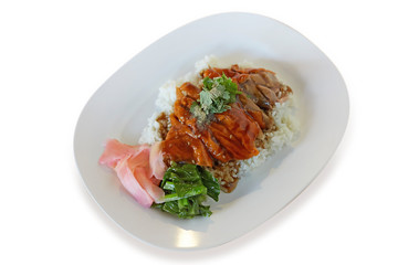 Roasted Duck Rice, focus selective on white background