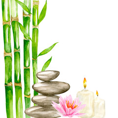 Fototapeta na wymiar Watercolor illustration of spa natural alternative therapy with massage stones, pink waterlily (lotus), candles and green bamboo on the background. Graphic concept for body care service.