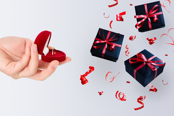 Falling gift box, Happy new year celebrate, Hand hold red box ring