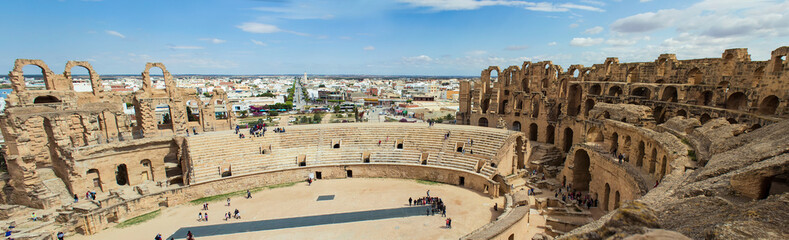 Panoramic view of ancient roman amphitheater in El Djem, Tunisia, North Africa