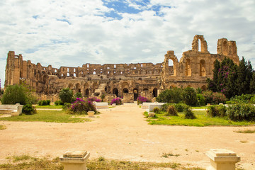 Panoramic view of ancient roman amphitheater in El Djem, Tunisia, North Africa