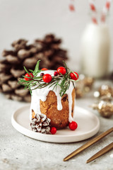 Christmas cake on table. Festive holiday background