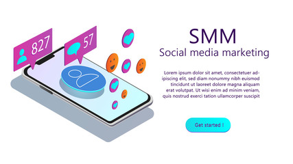 Landing page template social media engagement, SMM, website content promotion on Internet and social media. Isometric vector illustration of social media marketing campaign concept .