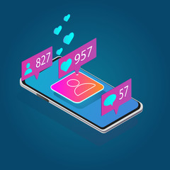 Isometric  image of smartphone on blue background. Illustration of social media engagement, SMM, website content promotion on Internet and social media can be use as banner, landing page,fly.