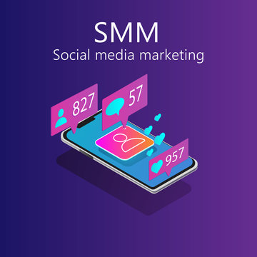 Ultraviolet neon Isometric image of smartphone .Vector illustration of social media engagement, SMM,internet advertisement can be use as banner, landing page,fly.