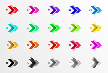 Set of Colorful direction number bullet points from 1 to 20. Simple abstract elements. Geometric vector illustration. Isolated on white background.