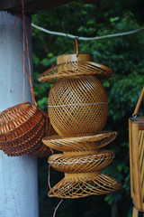 Close up of lamp posts made of bamboos hanging on wire, displayed in shops in Shillong, elephant falls, handicraft goods, selective focusing