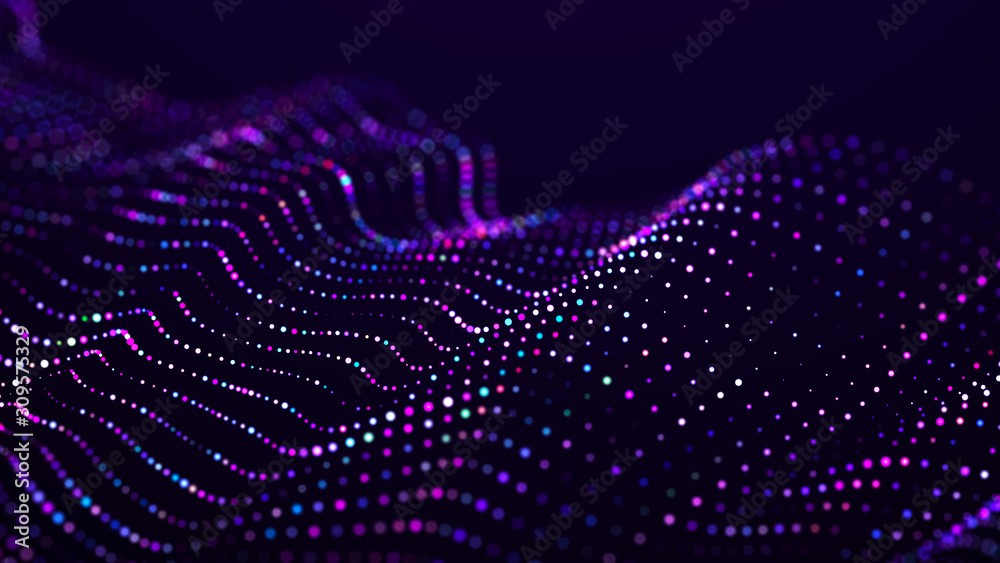 Fototapete Light dots background. Colored music wave. Digital technology backgroup. Big data code. 3D rendering