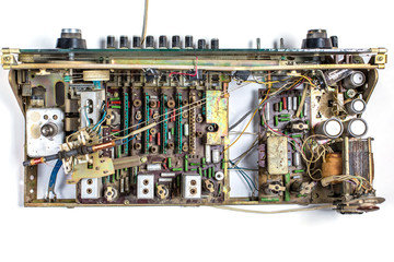 old tube chips with vintage transistors and resistors. small focusing area, selective focus. top...