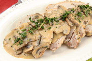 sliced roast pork with mushroom sauce