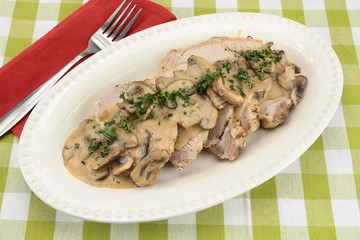 sliced roast pork with mushroom sauce