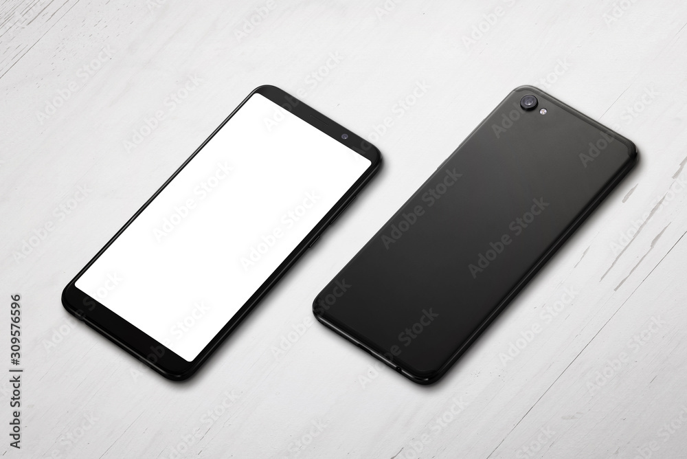 Poster two phones on desk. front and back side positioned on a white wooden table. isolated screen for mock