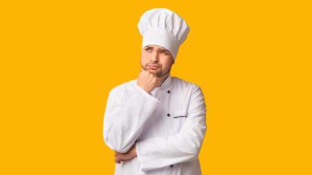 Chef Man Thinking Touching Chin Standing Over Yellow Background, Panorama