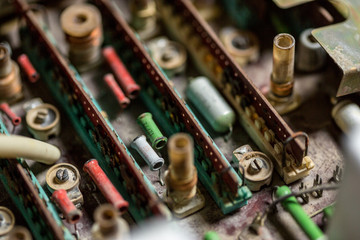 old tube chips with vintage transistors and resistors. small focusing area, selective focus. top...