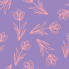 Floral seamless pattern in line art style.  Abstract botanical print of flowers, leaves, twigs. Textile design texture. Spring blossom background. Vector illustration.